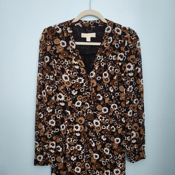 MICHAEL KORS Midi Dress Womens S 4 6 Button Up Brown Floral Long Sleeve V-Neck - Picture 2 of 7